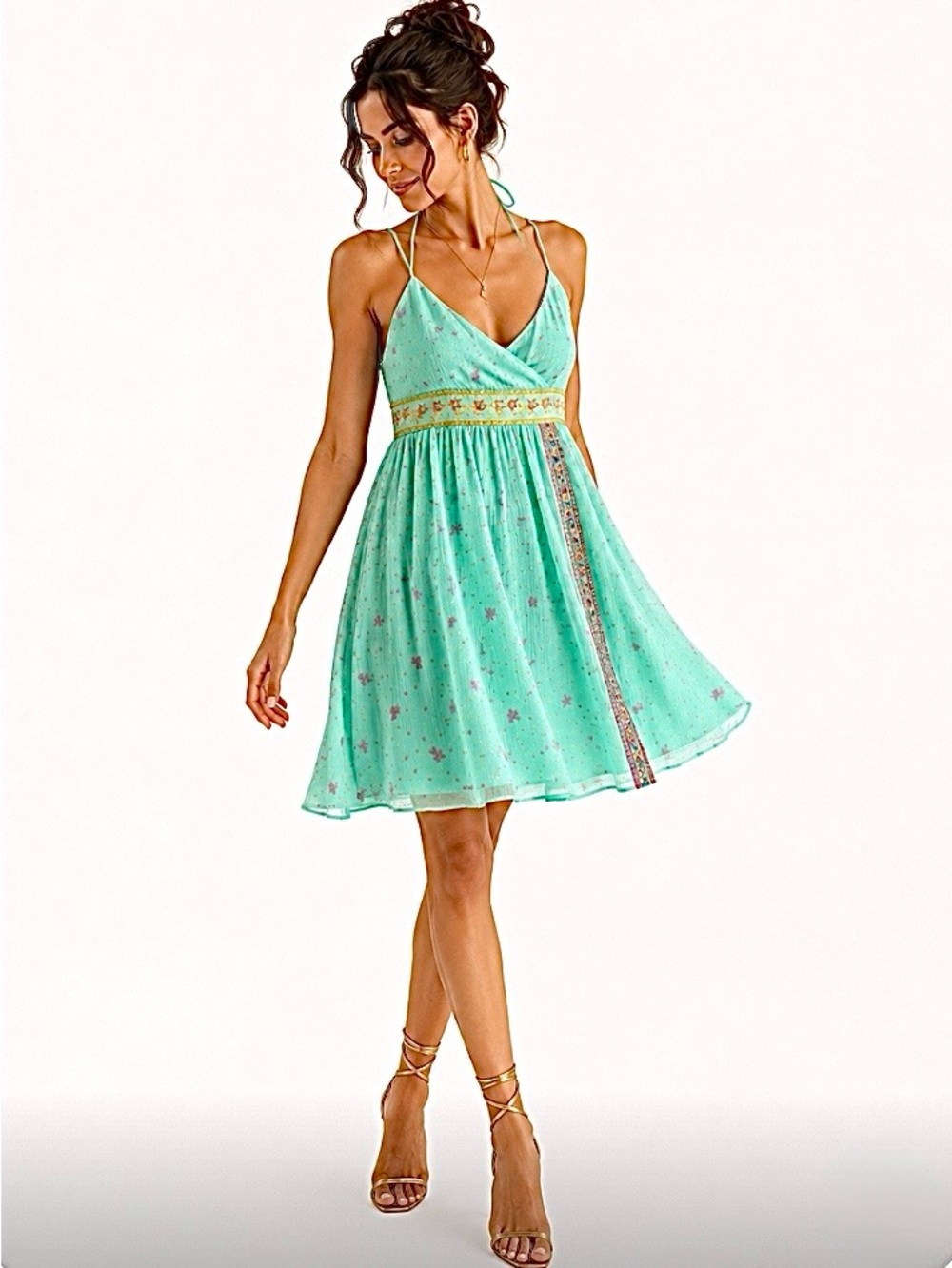 Laundry Shelli Segal Silk Chiffon Beaded Embroidered Dress 8 Aqua Pink Babydoll
